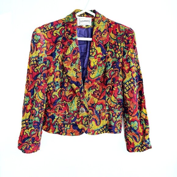 Vespucci Vintage Colourful Textured Fabric Cropped Blazer 42/S - Picture 3 of 7